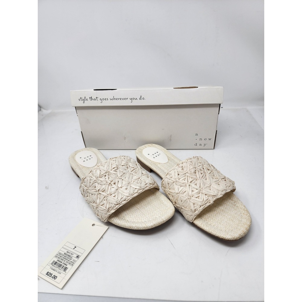 A New Day Womens Ariella Woven Slide Sandals White Straw Casual Size 7